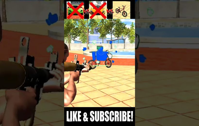 Player aiming a rocket launcher at a bicycle in a sunny courtyard, gaming UI visible