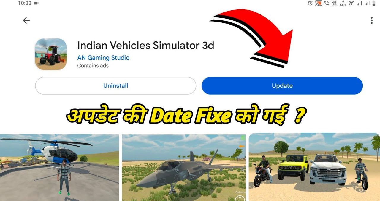 Mobile app update screen for "Indian Vehicles Simulator 3d" with screenshots and arrow