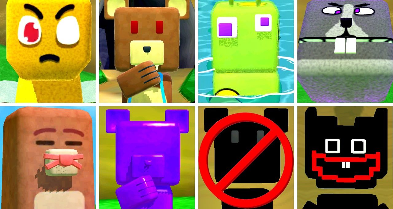 Grid of eight colorful blocky cartoon characters with varied facial expressions and accessories