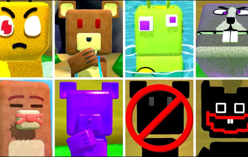 Grid of eight colorful blocky cartoon characters with varied facial expressions and accessories