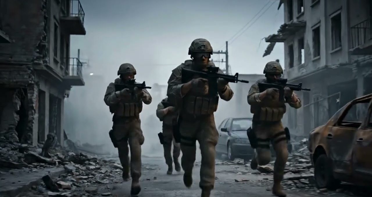Four armed soldiers in combat gear running down a bombed-out urban street