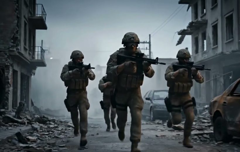 Four armed soldiers in combat gear running down a bombed-out urban street