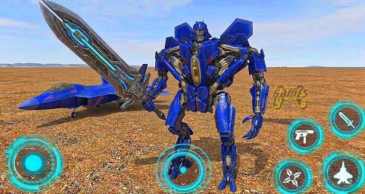 Blue robotic warrior holding a large glowing sword standing beside a jet on plains