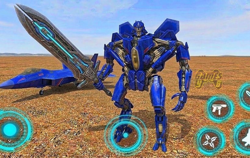 Blue robotic warrior holding a large glowing sword standing beside a jet on plains
