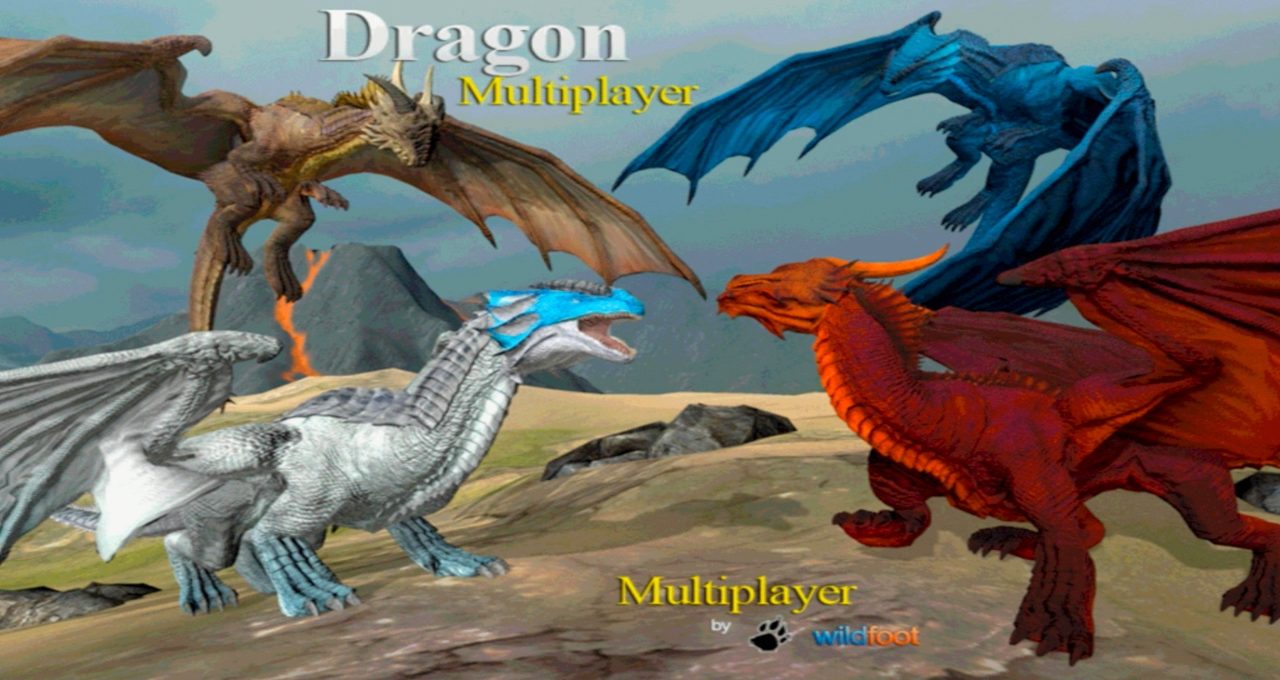 Four colorful dragons — white, red, blue, and brown — facing off on plain