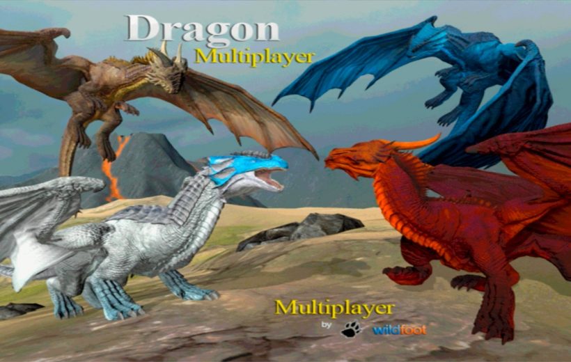 Four colorful dragons โ white, red, blue, and brown โ facing off on plain