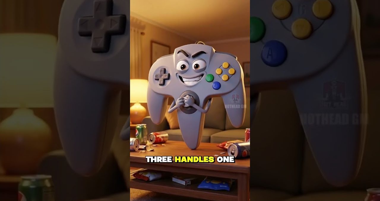 Animated N64-style controller with facial features hovering above messy living room coffee table.