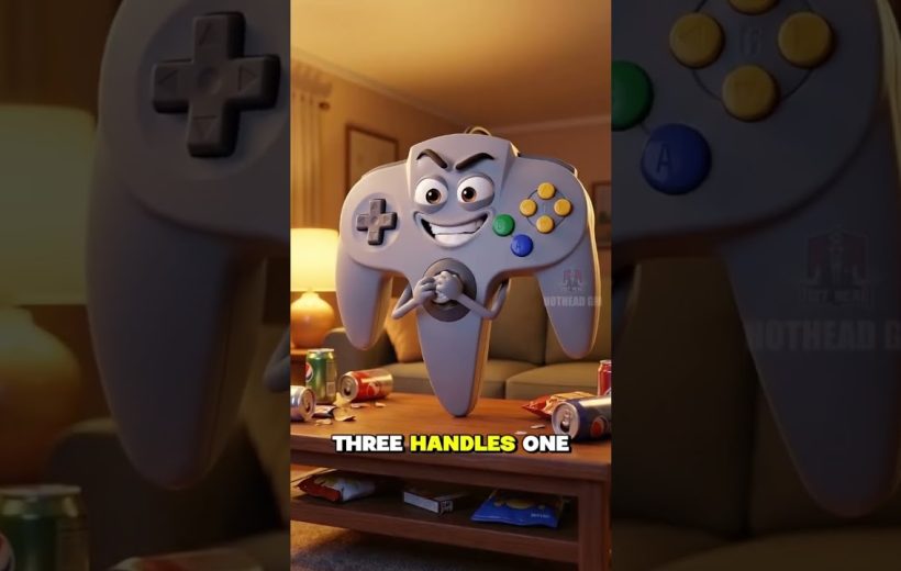 Animated N64-style controller with facial features hovering above messy living room coffee table.