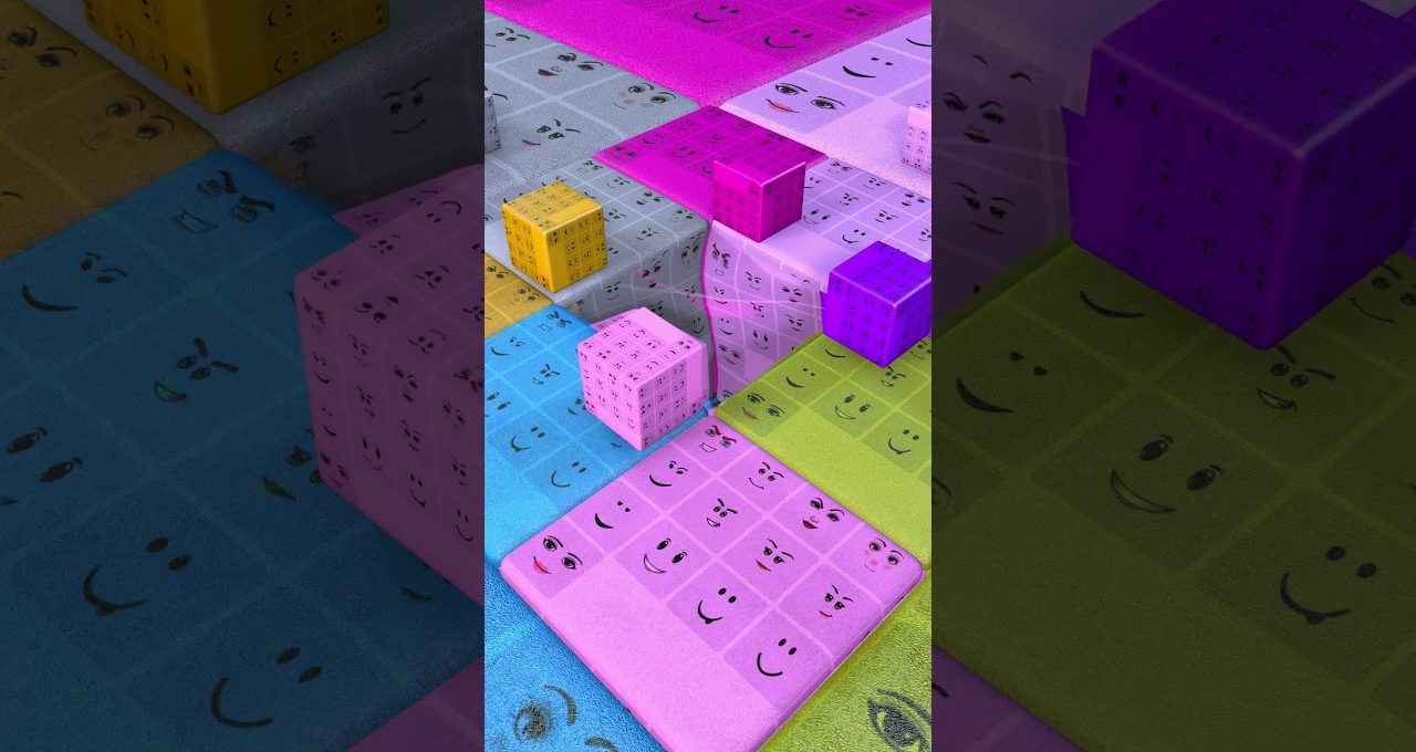 Colorful patterned cubes and mats covered with various smiling and expressive emoji faces.