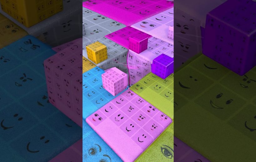 Colorful patterned cubes and mats covered with various smiling and expressive emoji faces.