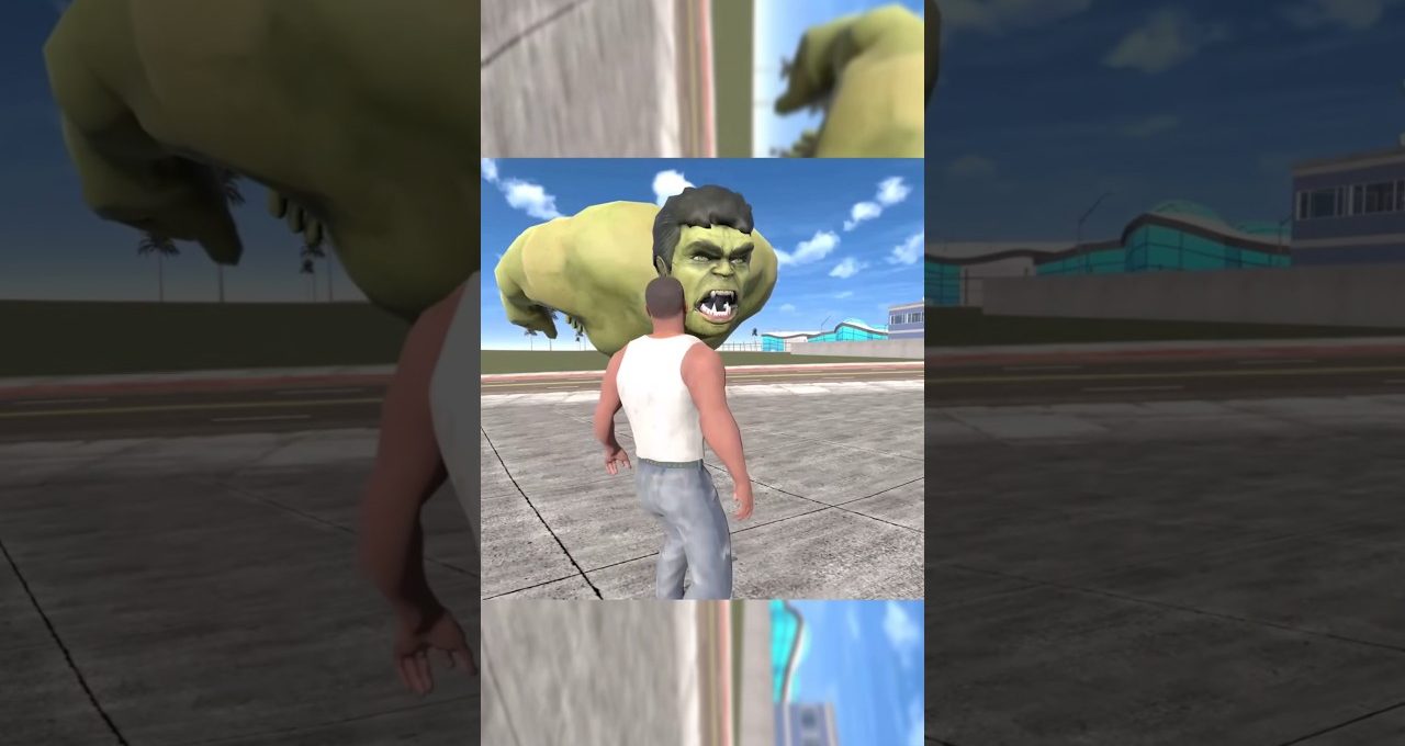 Man in white tank top confronting giant green angry creature on empty airstrip