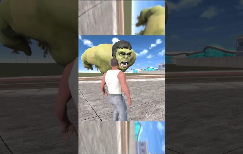 Man in white tank top confronting giant green angry creature on empty airstrip