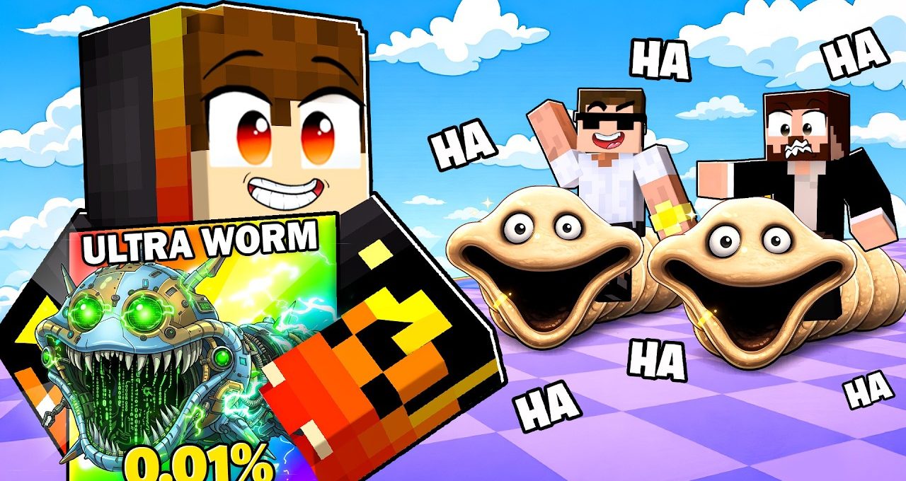 Minecraft-style characters laughing beside two large smiling worm creatures on purple ground