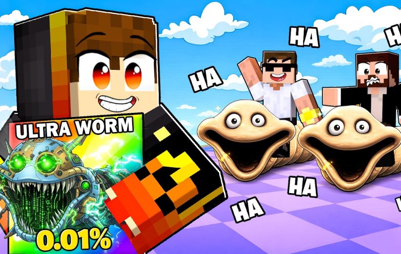 Minecraft-style characters laughing beside two large smiling worm creatures on purple ground