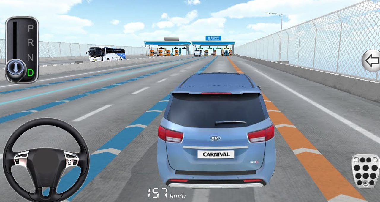 Blue Kia Carnival minivan driving toward toll booths on a multi-lane highway simulation