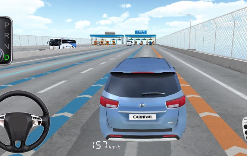 Blue Kia Carnival minivan driving toward toll booths on a multi-lane highway simulation