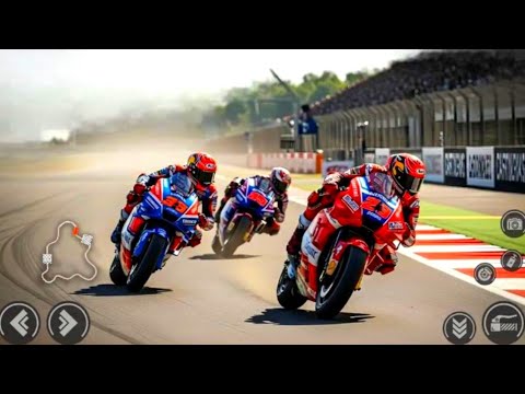 Three racing motorcycles leaning into a turn on a sunny racetrack with crowd