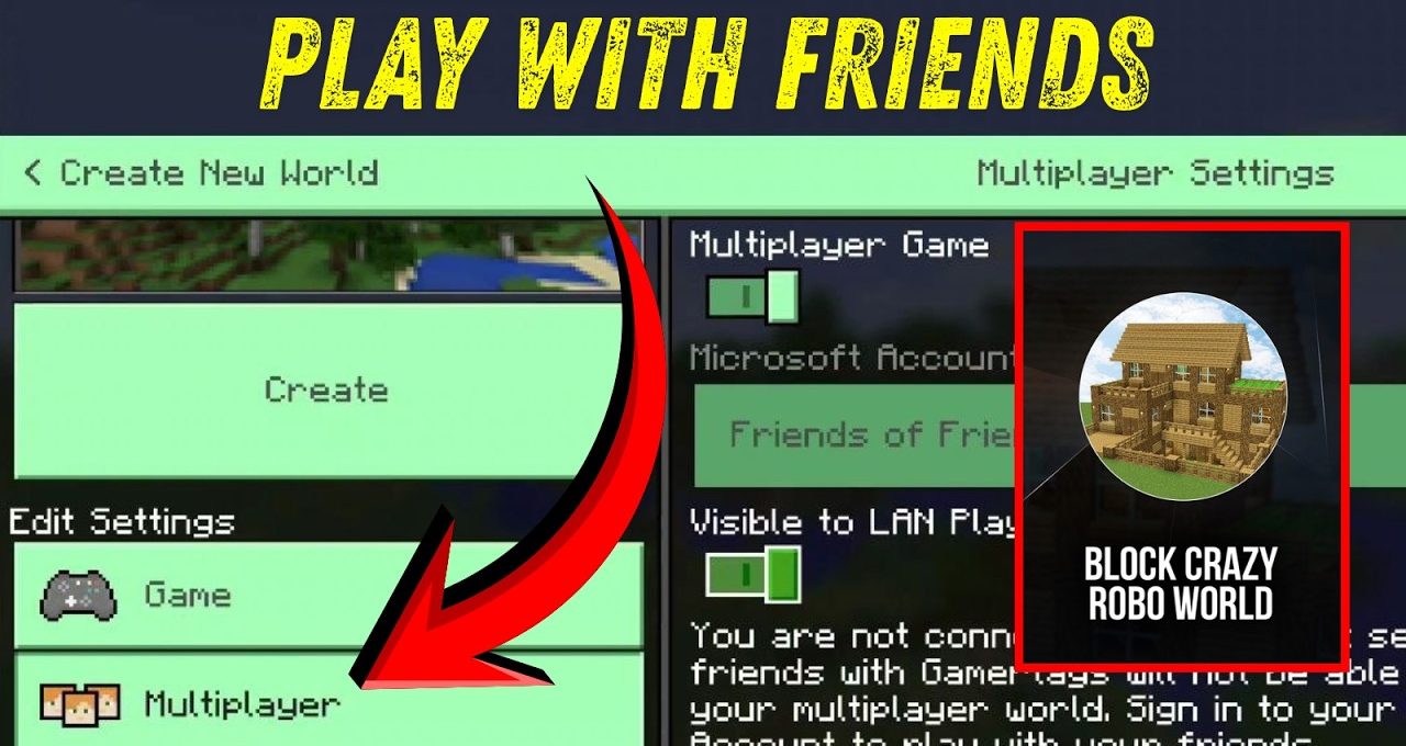 Minecraft settings menu showing multiplayer options with a red arrow and server thumbnail