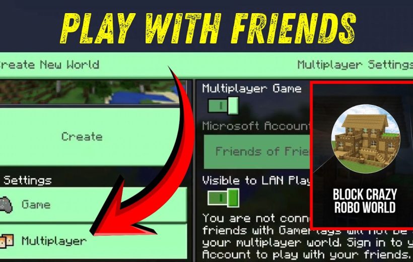 Minecraft settings menu showing multiplayer options with a red arrow and server thumbnail