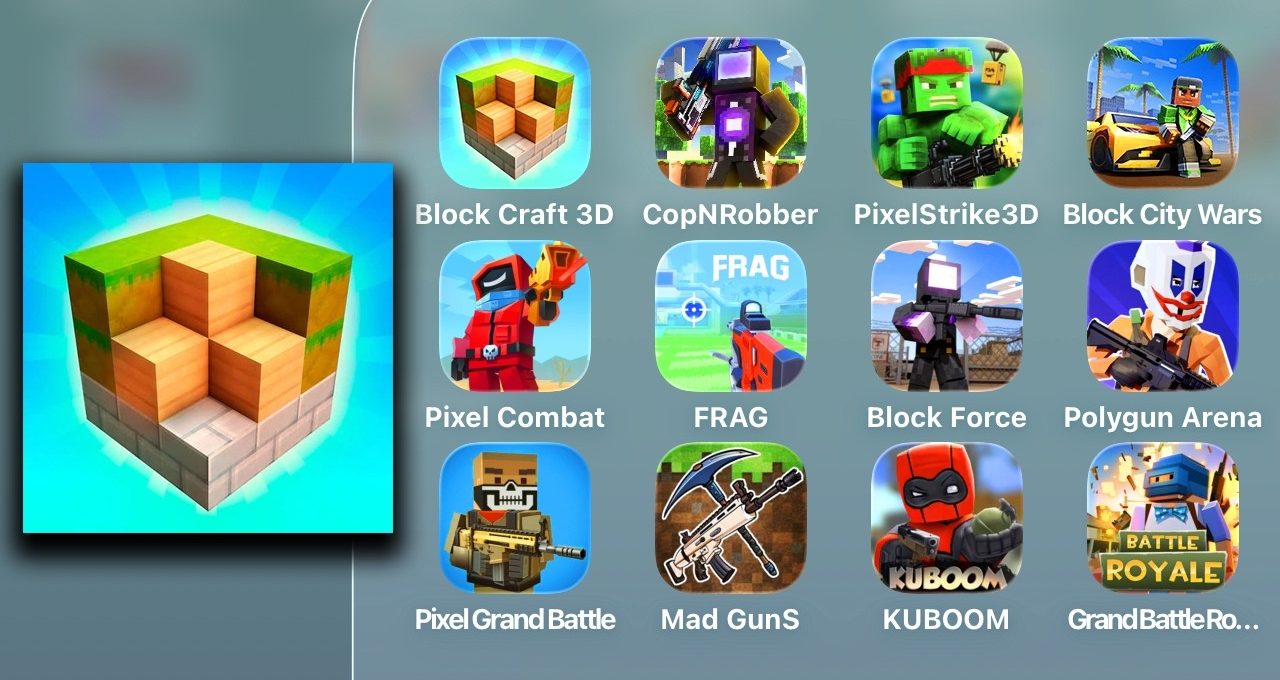 Grid of colorful block-style mobile game icons arranged on a gray app screen background