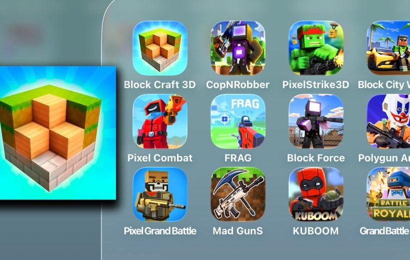 Grid of colorful block-style mobile game icons arranged on a gray app screen background