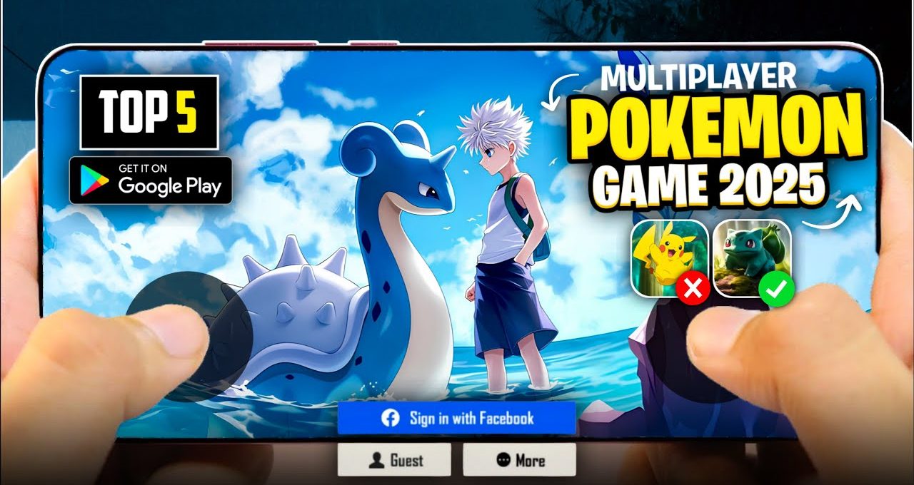 Hands holding phone showing a multiplayer Pokémon-style game screen with Lapras and trainer