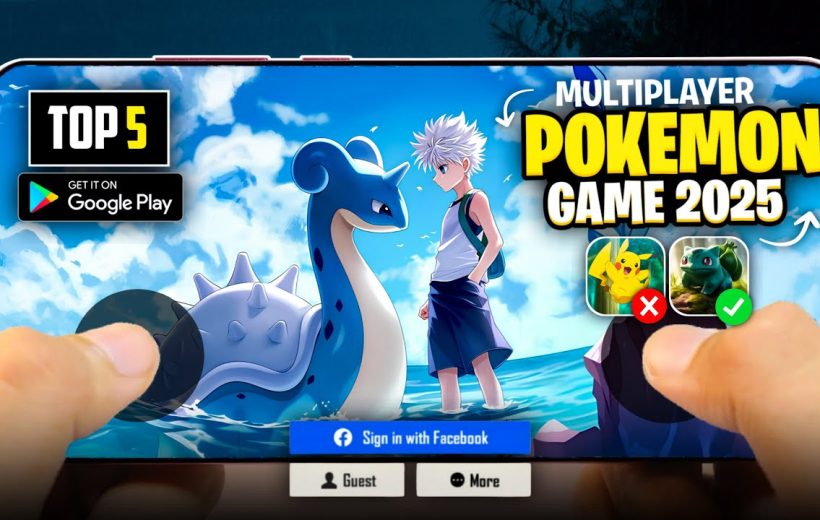 Hands holding phone showing a multiplayer Pokémon-style game screen with Lapras and trainer