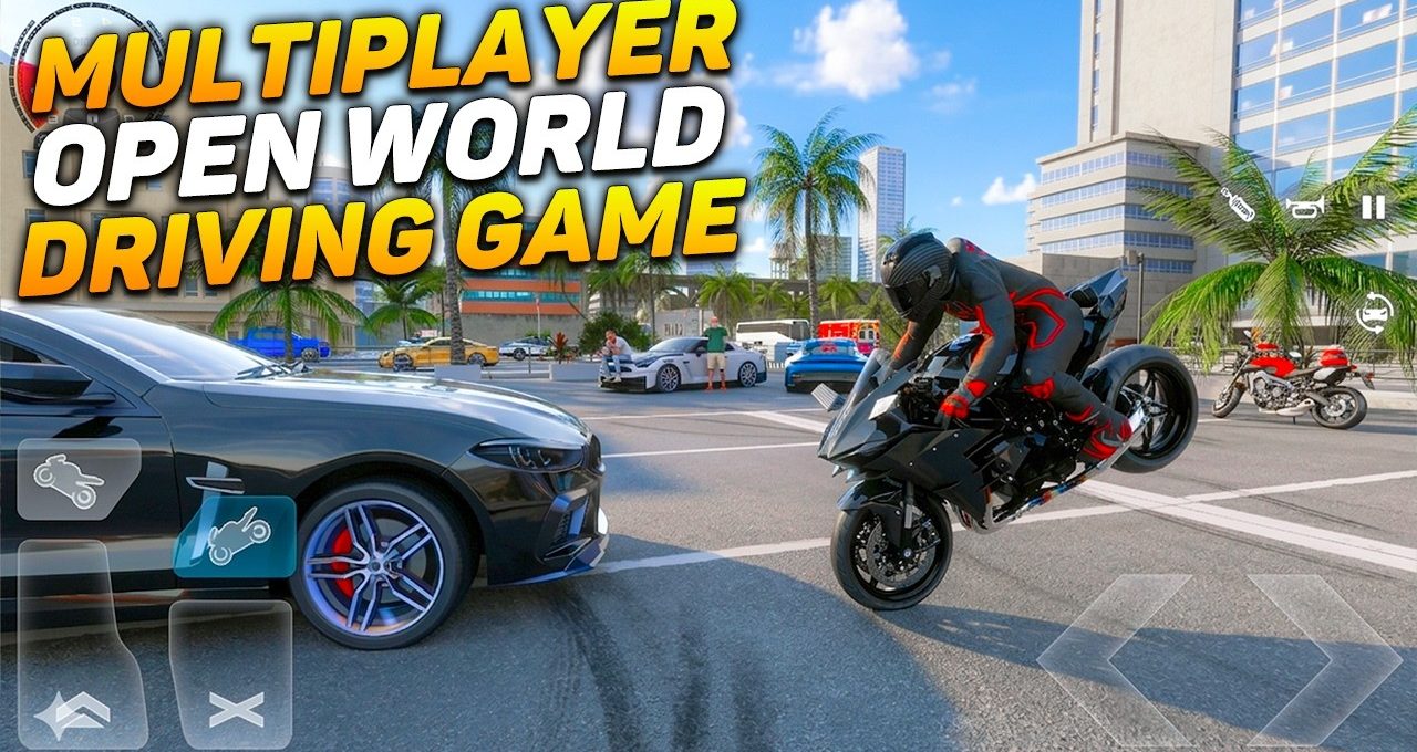Sportbike performing a wheelie beside a sports car in sunny urban open-world driving game
