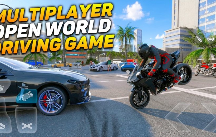 Sportbike performing a wheelie beside a sports car in sunny urban open-world driving game
