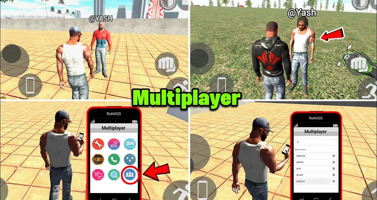 Four-panel game screenshot showing multiplayer characters and an in-game smartphone menu