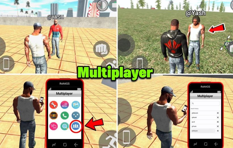 Four-panel game screenshot showing multiplayer characters and an in-game smartphone menu