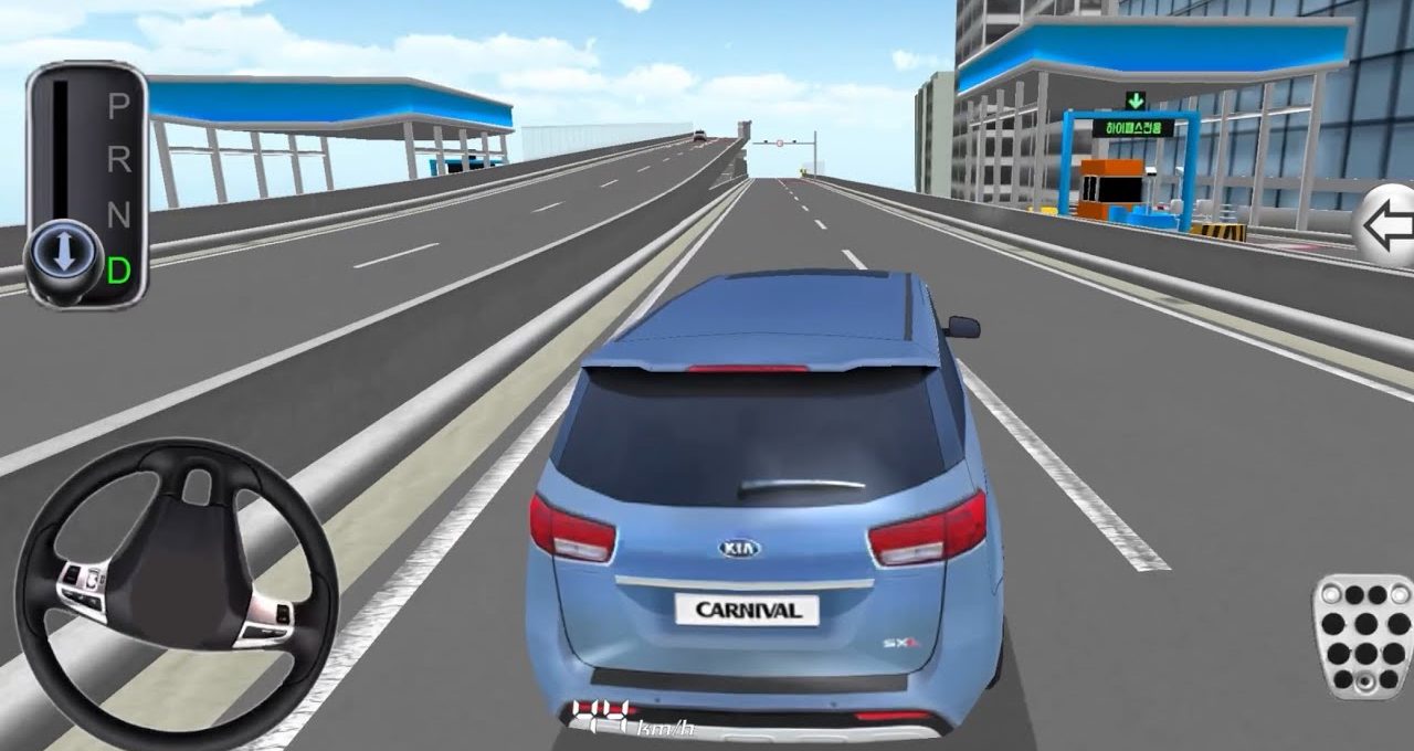 Blue Kia Carnival minivan driving on elevated highway in a driving game interface