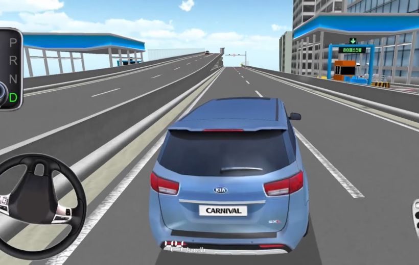 Blue Kia Carnival minivan driving on elevated highway in a driving game interface