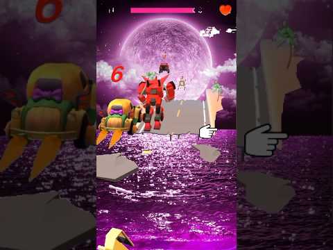 Robot character running across floating platforms over a purple moonlit ocean in game