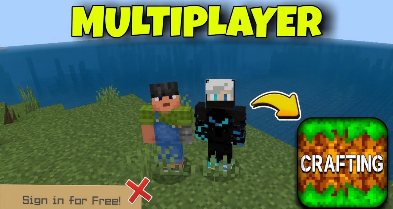 Two Minecraft characters standing on grassy shore near ocean with "CRAFTING" icon