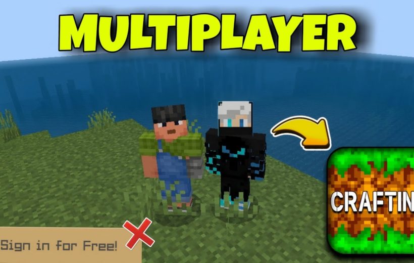 Two Minecraft characters standing on grassy shore near ocean with "CRAFTING" icon