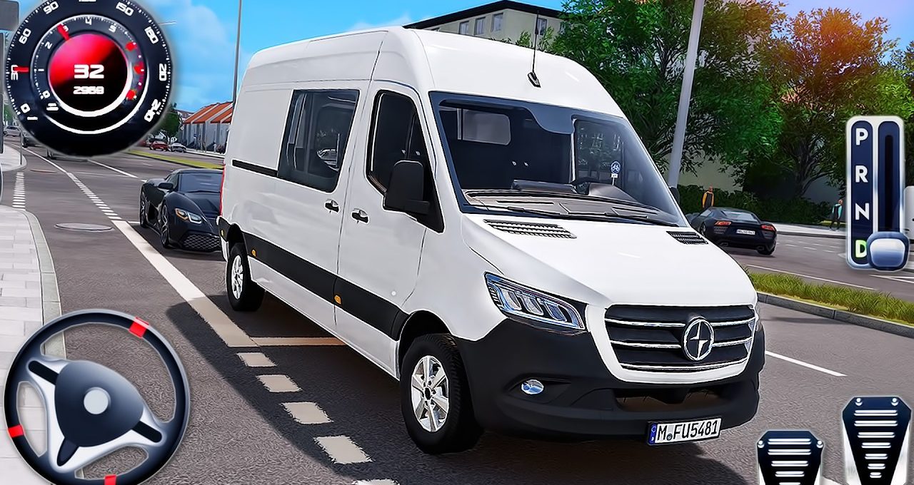 White delivery van driving on city street with dashboard overlay and surrounding cars