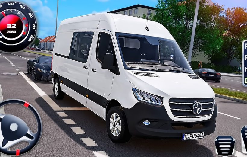 White delivery van driving on city street with dashboard overlay and surrounding cars