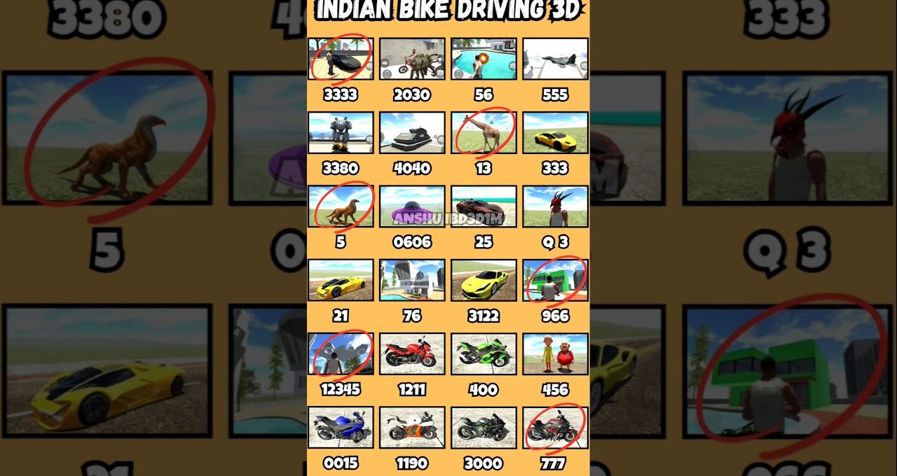 Grid of small game thumbnails showing vehicles, animals, and characters from Indian Bike Driving 3D