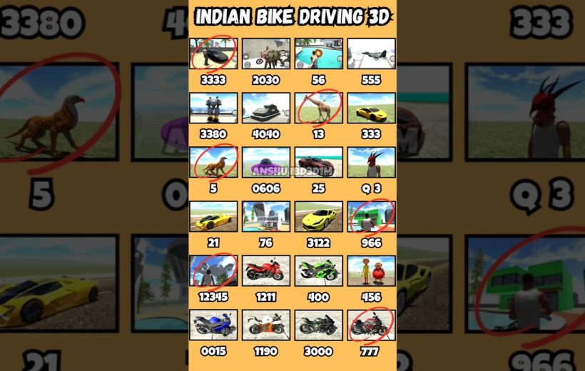Grid of small game thumbnails showing vehicles, animals, and characters from Indian Bike Driving 3D