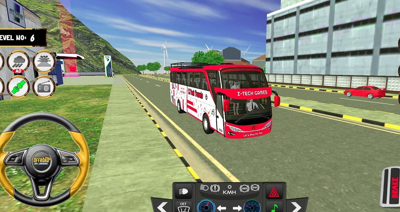 Red and white passenger bus parked on city road next to sidewalk and buildings