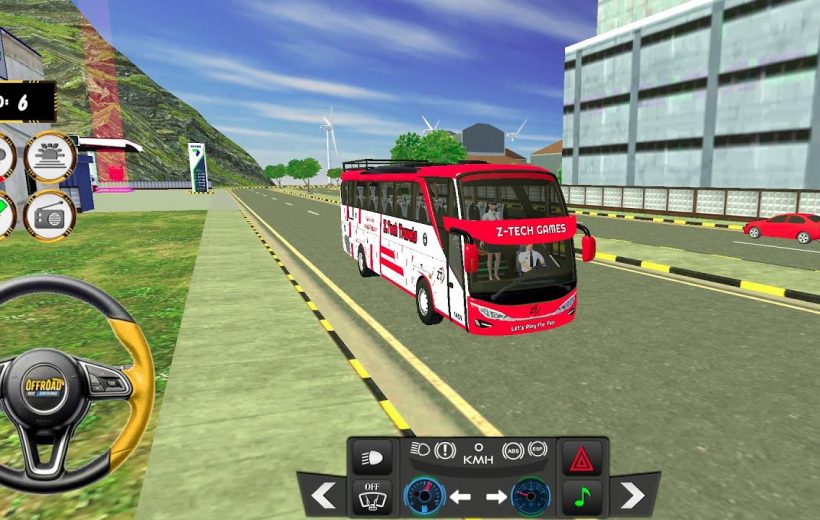Red and white passenger bus parked on city road next to sidewalk and buildings