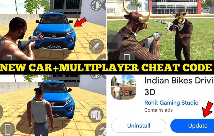 Game screenshots showing a blue car, armed characters, and app update prompt.