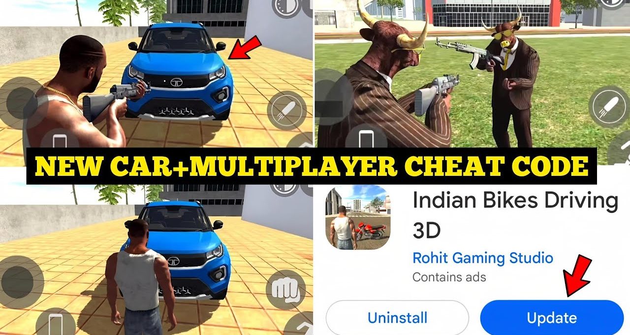 Split-screen gaming collage showing a player, blue car, armed bull characters, and update button