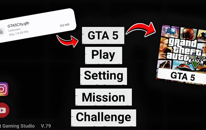 Mobile screen mockup showing GTA 5 menu buttons and game cover with file icon.