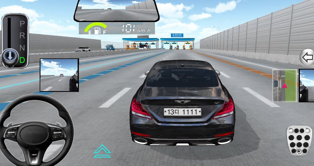 Rear view of a black sedan driving on a multi-lane highway toward toll booths