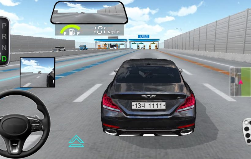 Rear view of a black sedan driving on a multi-lane highway toward toll booths