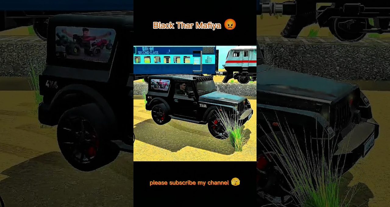 Black off-road SUV parked on sandy ground near trains with grass tufts nearby