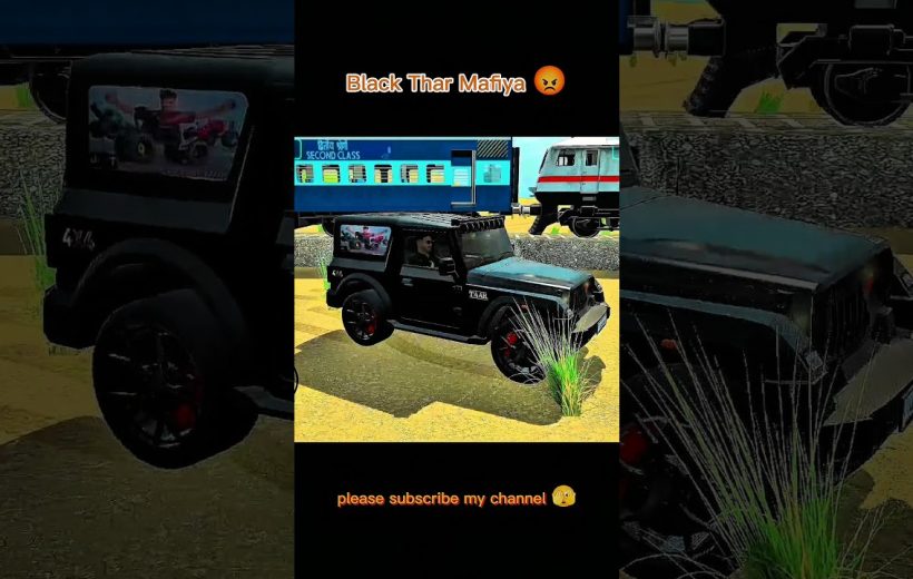 Black off-road SUV parked on sandy ground near trains with grass tufts nearby