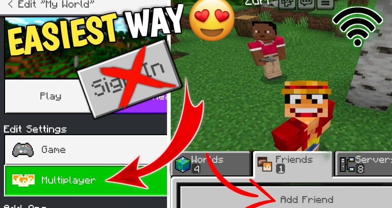 Minecraft Bedrock menu highlighting Multiplayer and Add Friend options with two players visible